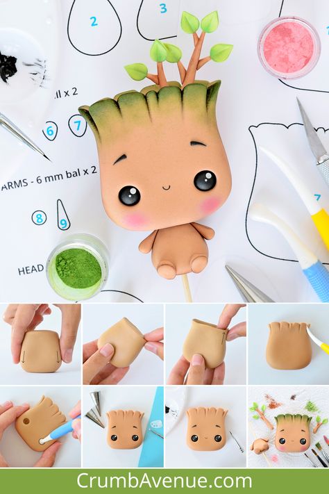 Groot Cake Topper, Baby Groot Cake, Groot Cake, Kawaii Polymer Clay, Clay Idea, Clay Magnets, Cake Topper Tutorial, Fondant Animals, Clay Crafts Air Dry