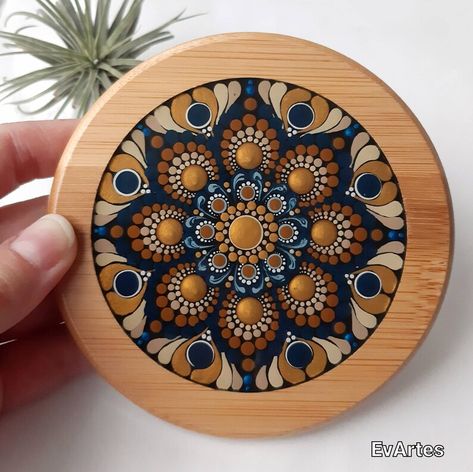 ** SOLD ** Personalized Hand Painted Blue and Brown Mandala Coasters Set of 4 with Holder and Heat Resistant Epoxy Resin Finish | 100% Eco-Friendly Solid Bamboo Wood | Original Dot Mandala Painting by ©️ EvArtes | #oneofakind #drinkcoasters #bamboocoasters #resincoasters #mandalacoaster #dotart #mandalapainting #coffeelovers #whippedcream #drinkware #personalized #kitchenware #kitchendecor #ecofriendly #bamboowood #woodencoaster #coasterset #acrylicpainting #barware #homebar #cupholder #pads Mini Cactus Pots, Brown Mandala, Mandala Paintings, Dot Mandala Painting, Mandala Coasters, Lantern Christmas Decor, Coasters With Holder, Mandala Canvas, Acrylic Paint On Wood