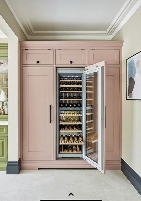 British Kitchen Design, Wine Fridge Cabinet, Hidden Fridge, Tom Howley Kitchens, Pink Fridge, Tom Howley, British Kitchen, Cabinet Fridge, Kitchen Fridges