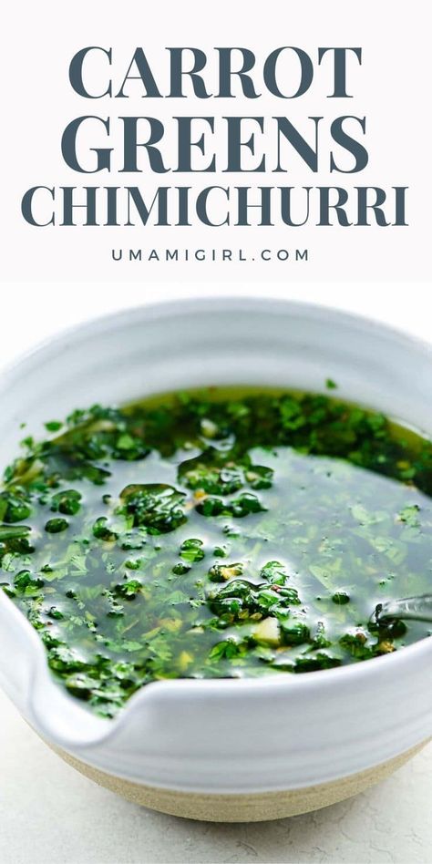 Wondering what to do with carrot tops? Carrot greens chimichurri is a GREAT option, and super quick and easy. Click through to make it. #carrotgreenschimichurri #carrottopchimichurri #carrotgreensrecipe Sauce For Steak, Carrot Tops, Chimichurri Recipe, Carrot Greens, Csa Recipes, Carrot Top, Harvest Recipes, Carrot Recipes, Garden Recipes