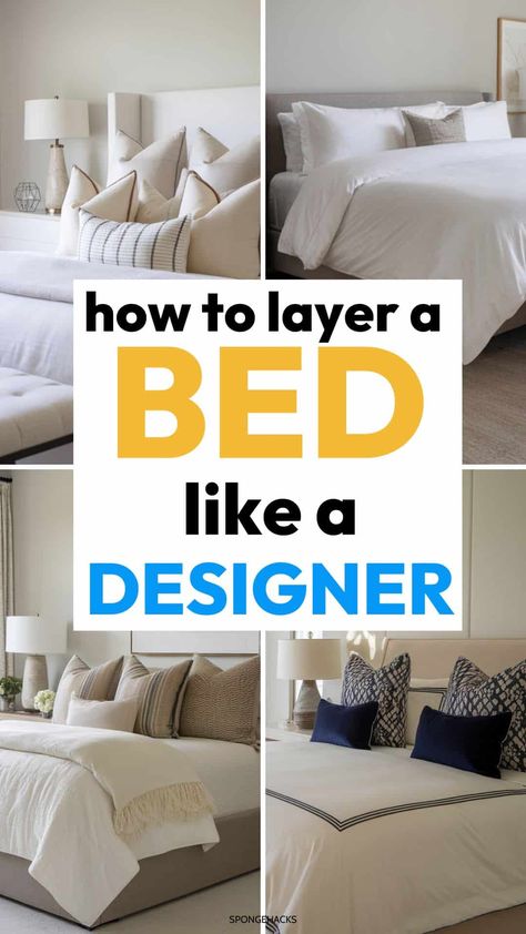 Learn how to layer a bed like a designer. If you want to style your bed or guest bedroom for company, here's a simple guide to help you layer a bed like a pro. Save this pin for later! Pretty Made Beds, How To Make Master Bed, Chambray Bedding Ideas, Bed Layers How To, Best Way To Make A Bed, Making Your Bed Aesthetic, How To Make A Guest Bed, How To Design A Bed, Bedings Ideas Simple