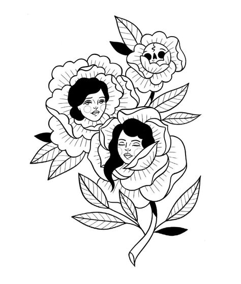 Flower With Face Tattoo, Face Flower Tattoo, Ladyhead Tattoo, Flowers With Faces Tattoo, Head With Flowers Coming Out Tattoo, Floral Tattoo Flash Sheet, Flash Sheet Flowers, Flower Face Tattoo, Flat Tattoo