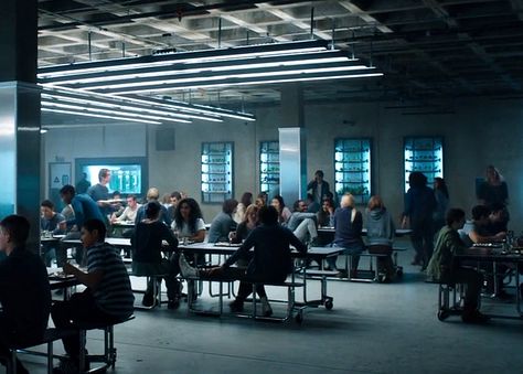 So this was the new cafeteria? It looked like something out of the weapons division. The old fluorescent lights were gone. The microwave, too. Although I guess they wouldn't bother getting a new one after I blew the last one up. In its entirety, the cafeteria was dark. Moody. Atmospheric. It suited the Council's evil way perfectly. Maze Runner Aesthetic, Shatter Me Aesthetic, Runner Aesthetic, Maze Runner Dr, Unravel Me, Dystopian Aesthetic, Darkest Minds, Dystopian Books, Maze Runner Series