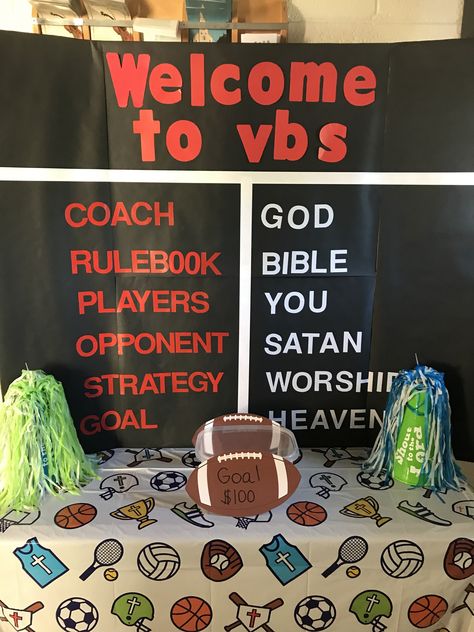 Sports VBS Olympic Theme Sunday School, Vbs Olympics Theme, Olympic Vbs Decorations, Olympic Vbs, Champion Vbs Decorations, Sports Vbs Decorations, Sports Theme Stage Decor, Sports Vbs, Vbs Sports Theme Decorations