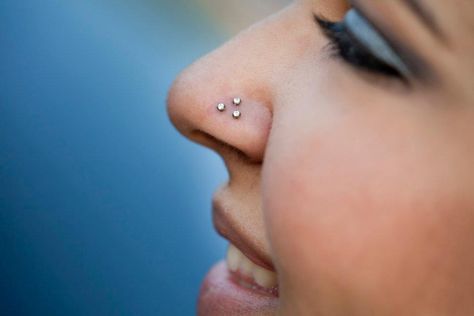 Triple nostril piercing with NeoMetal 1.5mm prong-set CZs by Bryan at Born This Way Body Arts in Knoxville, TN. High And Low Nostril Piercing, Triple Nostril Piercing, 4 Nostril Piercings, Double Nostril Jewelry, Triple Nose Piercing, Higher Nostril Piercing, Triple Piercing, Nose Piercing, Body Jewellery