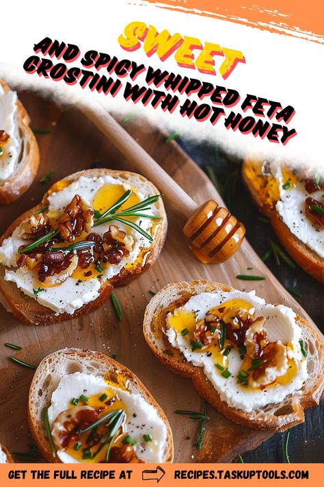 Elevate your appetizer game with these Sweet and Spicy Whipped Feta Crostini topped with a drizzle of hot honey. This delectable recipe combines creamy whipped feta with a hint of sweetness and a touch of heat, making it the perfect balance of flavors. Whether for a festive gathering or a cozy night in, these crostini are quick to prepare and sure to impress your guests. Discover how to create this mouthwatering dish that will leave everyone asking for the recipe! Perfect for entertaining or simply Sweet And Spicy Whipped Feta Crostini With Hot Honey, Hot Honey Drizzle, Hot Honey Feta Bites, Feta Honey Appetizer, Whipped Feta Hot Honey Crostini, Feta Hot Honey Dip, Whipped Feta Crostini Appetizers, How To Make Whipped Feta, Hot Honey Crostini