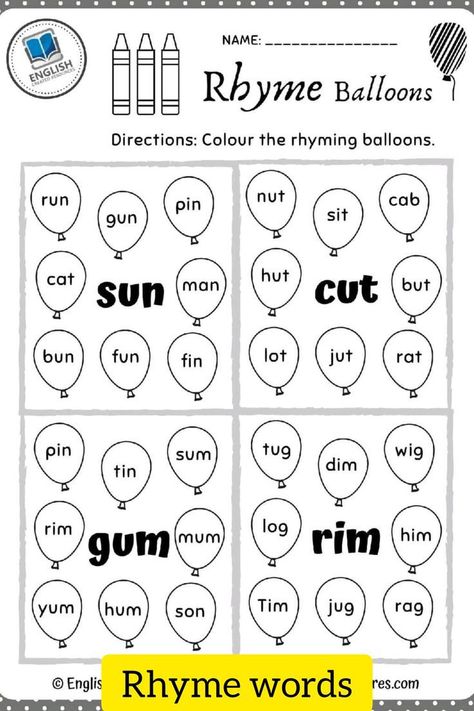 Rhyme Words, Rhyming Words Activities, Rhyming Words Worksheets, Rhyming Worksheet, Phonics Reading Passages, Cvc Words Kindergarten, Balloon Words, English Activities For Kids, Rhyming Activities