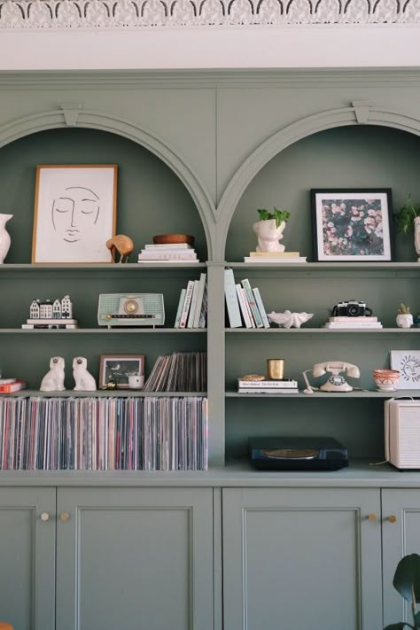 Green Arched Bookcase, Arched Shelves Bookcases, Arched Book Shelves, Wall Library Ideas, Arched Shelving, Garage Suite, Built In Bookcases, Kate Spiers, Cat Cabinet