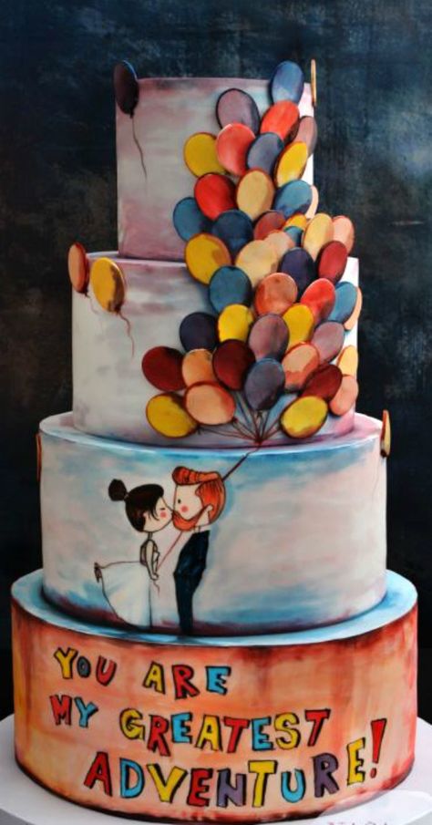 I liked the style of this, with the water color type icing on the cake itself and the little cartoon characters. Of course the balloons are cute, too, but I think we liked the way the colors were put on the cake the most. Unique Wedding Cake Toppers, Unusual Wedding Cakes, Unique Wedding Cake, Colorful Wedding Cakes, Disney Wedding Cake, Wedding Cake Toppers Unique, Elegant Birthday Cakes, Simple Elegant Wedding, Wedding Cakes Blue