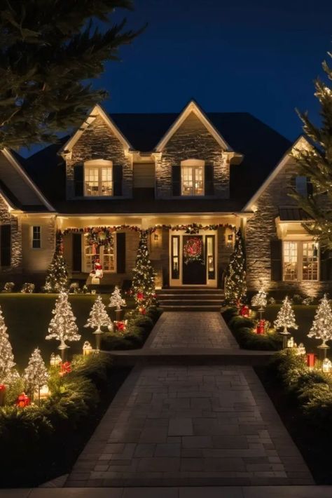 Exterior Home Christmas Decor, Outdoor Patio Christmas Lights, Winter House Exterior Decor, Big House Christmas Decor Outside, Christmas House Lights Exterior, Warm Light Christmas Lights Outdoor, Exterior Christmas Lights Ideas Classic, Outdoor Holiday Lights House, Christmas Home Outside