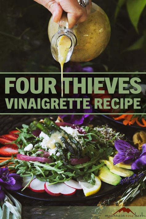 Thieves Recipe, Edible Essential Oils, Four Thieves Vinegar, Best Salads, Herbal Vinegar, Homemade Vinaigrette, Infused Vinegars, Body Care Recipes, Spray Cleaner