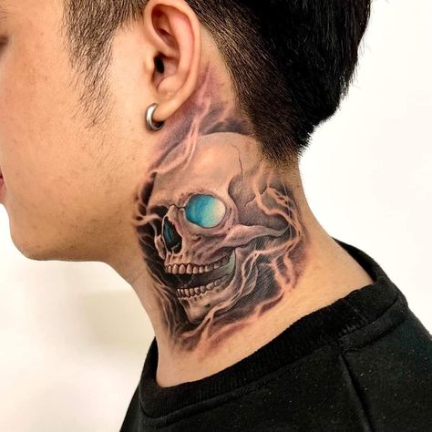 Neck Skull Tattoo, လည်ပင်း Tattoo, Skull Neck Tattoo, Neck Tattoo For Boys, Skull Head Tattoo, Owl Neck Tattoo, Trible Tattoos, Arm Cover Up Tattoos, Colour Tattoo For Women