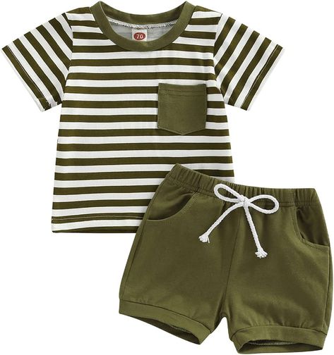 Tops And Shorts, Baby Boy Summer, Summer Shorts Outfits, Boys Stripes, Boys Summer Outfits, Boys Set, Elastic Waist Shorts, Summer Boy, Summer Baby