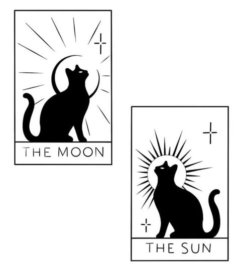 Cat Tattoo Designs Matching, Black Cat And Golden Retriever Tattoo, Tarot Matching Tattoos, Cat Friend Tattoo, Matching Black Cat Tattoos, Cat Tarot Tattoo, Couples Cat Tattoos, Cat Sun And Moon Tattoo, Cat Friendship Tattoo