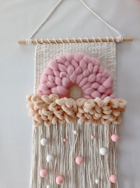 Rainbow wall art , pom poms nursery wall hanging, cloud weaving tapestry woven by CUSTOMwovenDECOR on Etsy Mickey Mouse Crafts, Rainbow Tapestry, Diy Tapestry, Rainbow Nursery Decor, Handwoven Tapestry, Mouse Crafts, Weaving Loom Projects, Weaving Wall Hanging, Girls Personalized Gifts