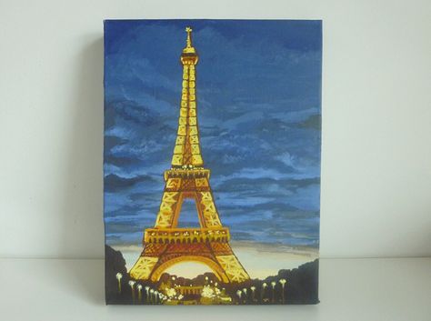 Paris Painting Easy, Tower Eiffel, Eiffel Tower Painting, Eiffel Tower At Night, Star Wars Painting, English Accent, Paris Painting, Night Illustration, Original Canvas Painting