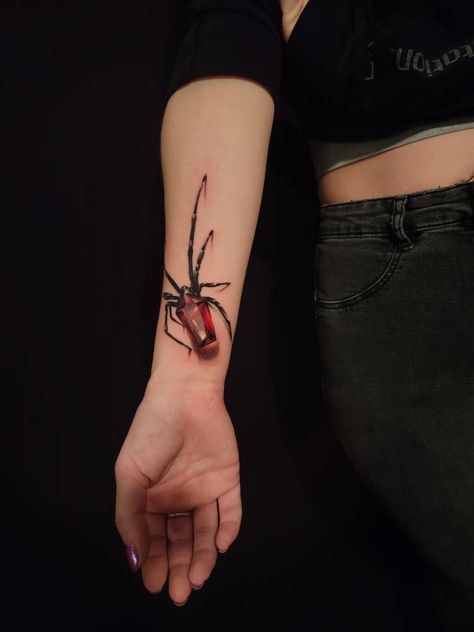 A tattoo on Traditional Black Widow Tattoo, Black Widow Hourglass Tattoo, Spider Tattoo Black Widow, Spider Theme Tattoo, Black Widow Hanging From Web Tattoo, Female Black Widow Spider Tattoo, Black Widow Spider Tattoo, Black Widow Tattoo, Hourglass Tattoo