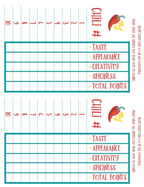 Chili Cookoff Score Cards by PLAYGETINTHEGAME on Etsy Food Judging Score Card, Chili Cookoff Scorecards Free, Chili Cookoff Scorecards, Chili Cook Off Judging Sheet, Chili Cook Off Score Card Free Printable, Chili Cook Off Score Card, Chili Cook Off Printables, Middle School Halloween Activities, Chilli Cookoff