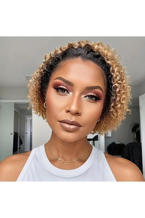 HAPPY&amp;CC Short Curly Pixie Cut Lace Front Wigs Human Hair Pre Plucked Dark Rooted to #27 Honey Blonde Bob Wigs for Black Women Honey Blonde Bob, Short Curly Pixie Cut, Blonde Bob Wigs, Bob Wigs For Black Women, 27 Honey Blonde, Curly Pixie Cut, Short Curly Pixie, Blonde Bob Wig, Curly Pixie Cuts