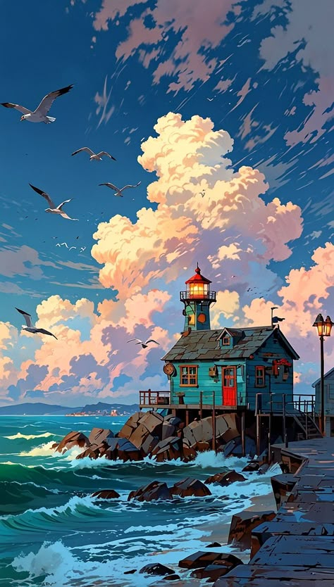 Ocean Cliff Painting, Anime Wallpaper For Phone, Journey Art, Fantasy Digital Art, Desain Quilling, Lighthouse Art, Sea House, Support Art, Adventure Art