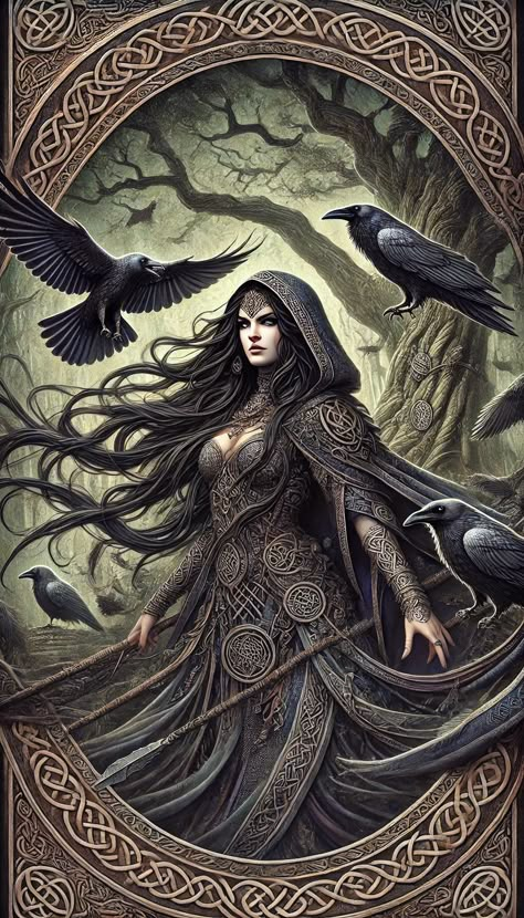 Morrigan Celtic Goddess Tattoo, Celtic Witch Art, Goddess Morrigan Art, Morrigan Art Celtic Goddess, The Morrigan Goddesses Art, Morrigan Goddess Celtic Mythology, The Morrigan Art, Morrigan Tattoo, Celtic Goddess Art