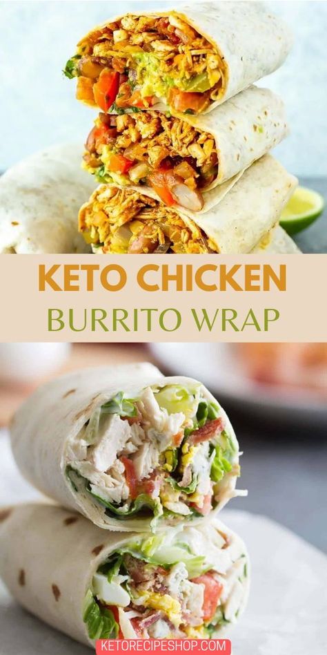 These Keto Chicken Burrito Wraps are perfect for a quick and easy keto lunch or dinner.  Flavorful chicken, melty cheese, and low-carb wraps – a delicious and portable keto option! Chicken Burrito Wrap, Chicken Tortilla Wraps, Keto Tortilla, Bacon Recipes For Dinner, Easy Low Carb Lunches, Bacon Dinner, Burrito Wrap, Diet Lunch, Rotisserie Chicken Salad