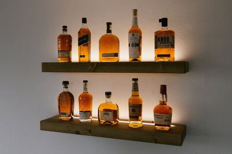 Knotty Pine LED Floating Shelf - Rustic Bar Shelves Lighting, Floating Liquor Shelves, Light Up Bar Shelves, Floating Liquor Shelves Home Bars, Kitchen Bar Shelves, Light Up Shelves, Floating Shelves Wet Bar, Whiskey Storage Ideas, Whiskey Wall Display