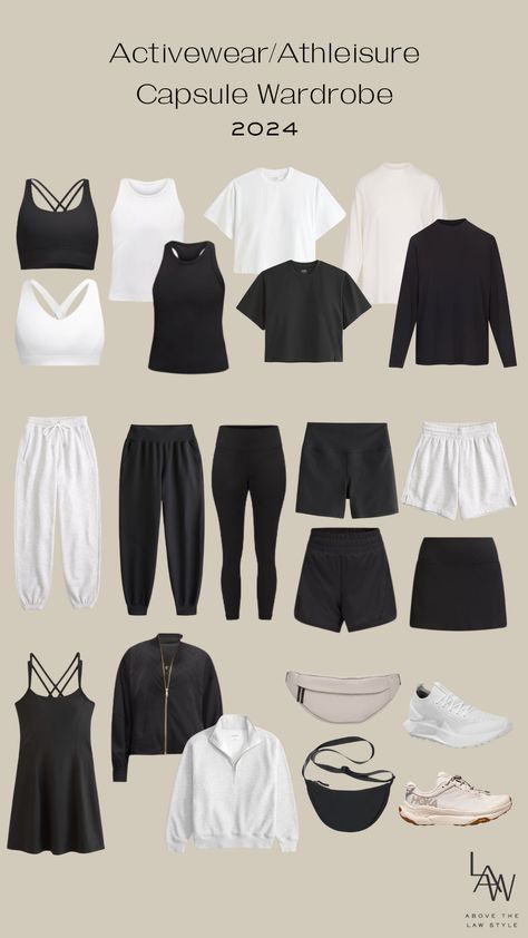 Activewear and Athleisure Capsule Wardrobe 2024 - Above The L.A.W. Style Classic Workout Outfit, Lululemon Capsule Wardrobe, Workout Wardrobe Capsule, Capsule Gym Wardrobe, Activewear Capsule Wardrobe, Best Workout Outfits For Women, Minimalist Athleisure Outfits, Athletic Capsule Wardrobe, Sporty Look For Women