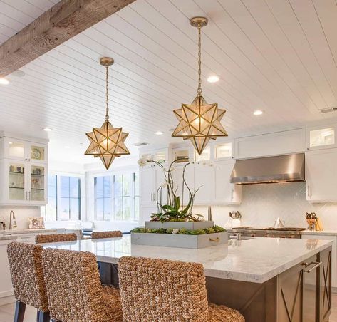 Brass Moravian Star Pendant Light 14-inch Seeded Glass Shade Star Pendant Lights Over Kitchen Island, Star Light Pendant, Star Chandelier Dining Room, Star Shaped Light Fixtures, Seeded Glass Pendant Lights Over Kitchen Island, Quirky Farmhouse, Moravian Star Pendant Light, Contemporary Wooden Dining Table, Star Light Fixture