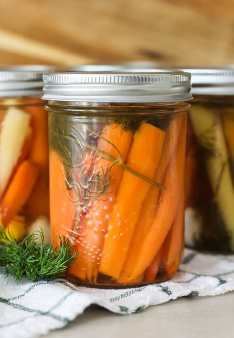 This delicious recipe for Easy Pickled Carrots is a perfect way to preserve summer fresh carrots, dill and garlic! So good you'll want to double the recipe! Easy Pickled Carrots Recipe, Carrots With Dill, Canning Carrots, Dill Carrots, Pickled Carrots Recipe, Pickled Banana Peppers, Pickled Vegetables Recipe, Pickled Green Beans, Fresh Carrots