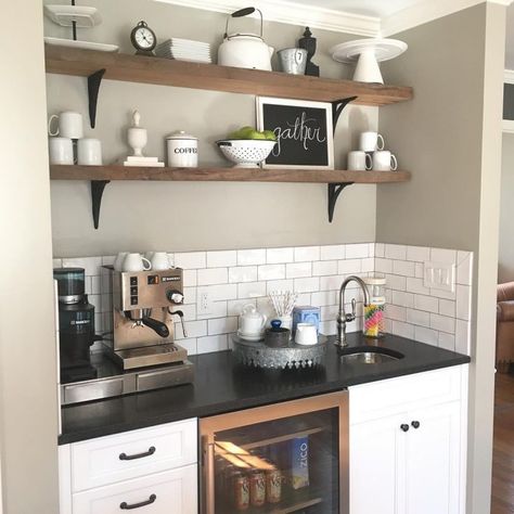 For the ultimate home coffee station include a sink and wet bar as well as an under counter sink. Coffee Bar With Sink, Bar With Sink, Office Coffee Bar, Coffee Station Ideas, Diy Coffee Station, Coffee Bar Station, Home Bar Cabinet, Nook Table, Diy Coffee Bar