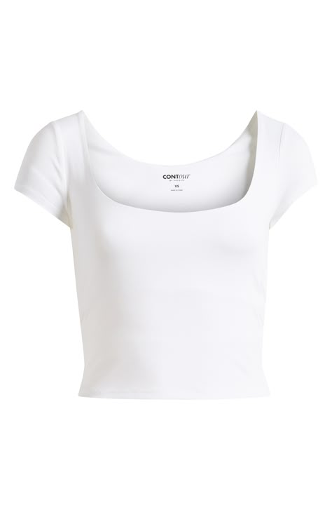 Love to layer in this stretchy close-fitting top designed in a modern cropped fit. 17 1/2" length (size Medium) Scoop neck Short sleeves 90% polyester, 10% spandex Machine wash, tumble dry Imported White Fitted Crop Top, White Scoop Neck Crop Top, White Short Sleeve Crop Top, Basic Short Sleeve Tops, White Top Short Sleeve, Cute Crop Tops Aesthetic, Crop Tops Designs, Vanilla Clothes