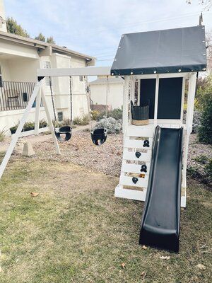 DIY Outdoor Playset Facelift — Brandy Joy Smith Play Set For Small Backyard, Play Structures For Small Yards, Playset For Small Backyard, Small Backyard Swingset Ideas, Diy Kids Playset, Small Backyard Playset, Small Outdoor Playset, Painted Playset Outdoor, Diy Play Set Outdoor