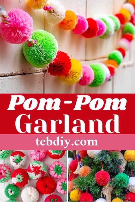 How To Make The Perfect Pom-Pom Garland Diy Pompom Garland, Pompom Garland Diy, Pom Pom Garland Decor, Pom Pom Garland Diy, Pom Pom Topiary, Diy Yarn Pom Pom, Diy Tassel Garland, Pom Pom Decorations, Pom Crafts