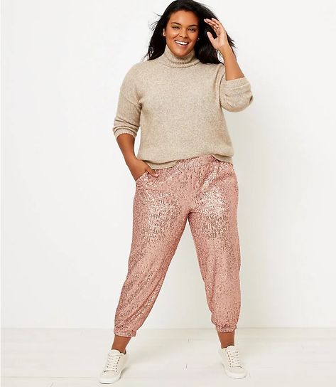 Loft Sequin Jogger Pants Gold Sequin Pants Outfit, Pink Joggers Outfit, Sequins Pants Outfit, Outfits With Pink, Gold Sequin Pants, Sequined Pants, Sequin Joggers, Sequin Jogger Pants, Loft Outfits