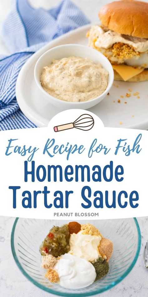 Stir together this quick and easy homemade tartar sauce recipe to upgrade your frozen fish sticks or to spread over a baked fish sandwich on a toasted brioche bun. This easy sauce for fish tastes even better once it has chilled in the fridge for a couple days so the flavor can mingle. Sauce For Fish Sandwich, Fish Stick Sauce, Recipes Using Fish Sticks, Recipes With Fish Sticks, Sauce For Fish, Tartar Sauce Recipe, Tartare Sauce, Fish Sandwiches, Peanut Blossoms