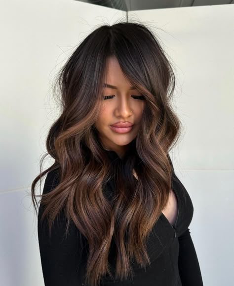 Hair Color Ideas Vibrant, Caramel Highlights Balayage, Summer Brunette Hair, Summer Brunette, Black Hair Balayage, Dark Brunette Hair, Highlights Balayage, Dark Hair With Highlights, Brunette Balayage Hair