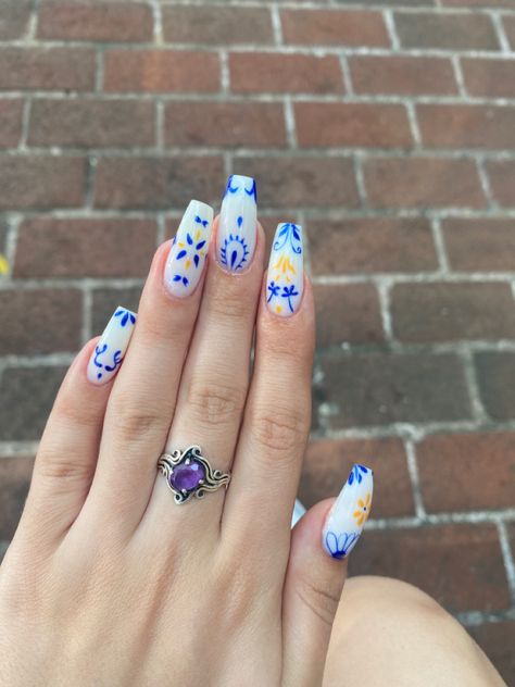 Vacation Nails Portugal, Amalfi Coast Nail Art, Acrylic Nail Designs Easter, Portuguese Inspired Nails, Vacation Nails Spain, Nail Art Vacation, Azulejos Nails, Portugal Nails Art Designs, Italian Tile Nails