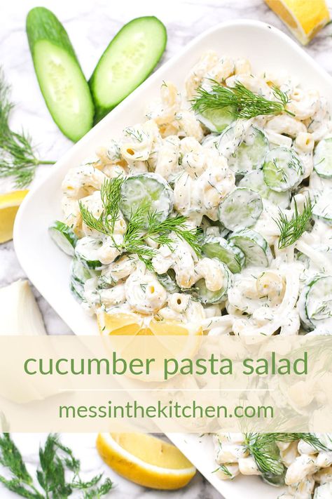 Refreshing, creamy, and delicious! This creamy Cucumber Pasta Salad is my favorite unique summertime side. This version will knock your socks off with big, fresh dill and lemon flavor with all the reminiscence of classic pasta salad. It's a guaranteed crowd-pleaser no matter your audience. Pasta Salad Recipes For Picky Eaters, Dill Cucumber Pasta Salad, Cucumber Ranch Pasta Salad, Easy Salad Recipes For Bbq, Cold Alfredo Pasta Salad, Cucumber Pasta Salad Vinegar, Creamy Dill Pasta Salad, Pasta With Cucumbers, Pasta Salad Recipes With Cucumber