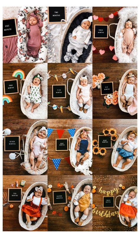 Milestones For Babies Monthly Pictures, Baby Month Pictures, Baby Milestones Monthly Picture Ideas, Monthly Picture Ideas, Creative Monthly Baby Photos, Milestones For Babies, Scrapbook Baby Book Ideas, Baby Milestone Chart, Trendy Kids Clothes