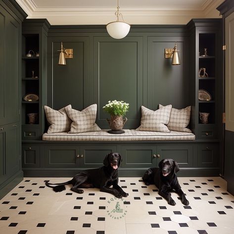 Mudroom With Green Cabinets, Green Cabinets Mudroom, Dark Green Mudroom, Dark Green Entryway, Green Foyer, Clawfoot Tub Ideas, Green Entryway, Practical Home Decor, Clawfoot Tubs