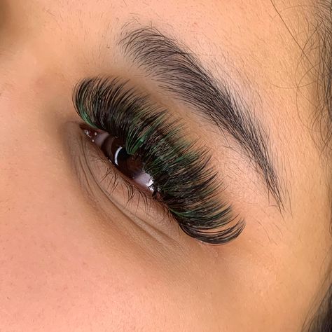 volume lash extensions Dark Green Lash Extensions, Lash Extensions With Green, Green Lashes Extensions, Green Lash Extensions, Green Lashes, Long Thick Eyelashes, Lash Extentions, Thick Eyelashes, Eyelash Technician