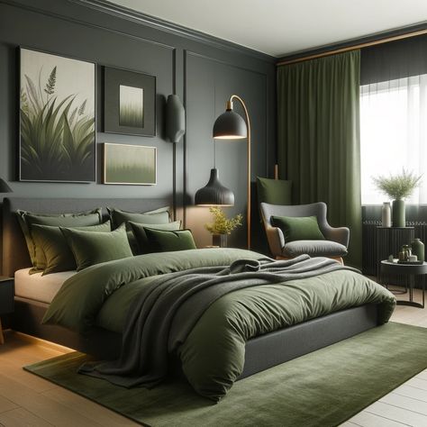 charcoal gray and olive green bedroom Sage And Charcoal Bedroom, Olive And Charcoal Bedroom, Olive Green Decor Bedroom, Green Loft Bedroom, Green And Gray Bedding, Olive Interior Design, Olive Green And Grey Bedroom, Gray Green Bedroom, Olive Green Bedroom Decor