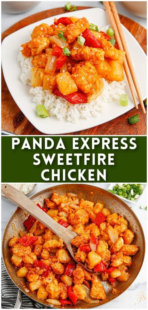 If you love the Panda Express Sweet Fire Chicken, you have to try this homemade version! It has crispy chicken, onion, bell pepper, and pineapple all tossed with a sweet and spicy sauce. Panda Express Sweet Fire Chicken, Sweet Fire Chicken, Fire Chicken, Sweet And Spicy Chicken, Chicken Dishes Easy, Sweet And Spicy Sauce, Skillet Recipes, Panda Express, Yummy Chicken Recipes