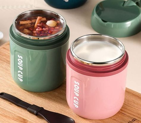 Insulated Food Flask - 16oz/480ML Stainless Steel Jar Vacuum Lunch Thermos Bento Box Containers Soup Cup Protable Leak Proof Thermal Soup Bowl with Foldable Spoon (Green) Mug Food, Bento Boxes Containers, Soup Thermos, Outdoor Lunch, Thermos Mug, Soup Cup, Filling Food, Soup Containers, Portable Food