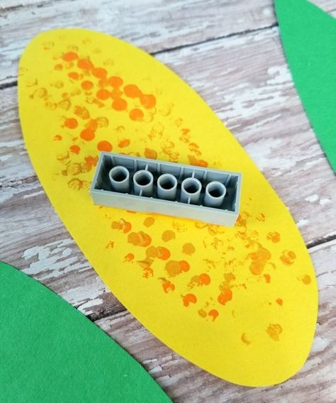 Lego Corn Craft, Preschool Pumpkin Pie Craft, Corn Toddler Activities, C Is For Corn Craft, Farmers Market Preschool Crafts, Food Theme Crafts For Kids, Farm Food Crafts Preschool, Corn Art For Toddlers, Farmers Market Art For Toddlers