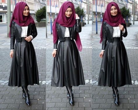 Hijab Leather Fashion Wear Combination Leather Skirt Outfit Hijab, Skirt Hijab Style, Leather Hijab, Long Leather Skirt Outfit, Muslimah Clothing, Hijab Gown, Long Leather Skirt, Hijab Fashion Summer, Leather Skirt Outfit