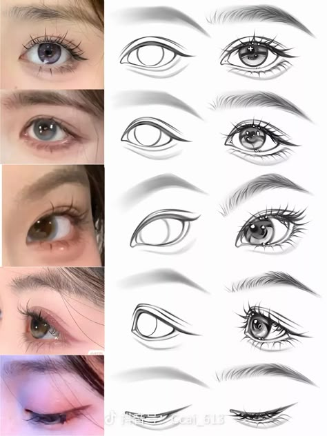 Eye Different Angles, Anime Eye Types, Eye Shape Reference, Asian Eye Drawing, Round Eyes Drawing, Eye Tutorial Anime, Male Eyes Sketch, Semi Realistic Eyes, Male Eyes Drawing Reference