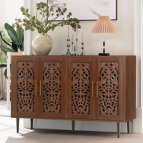 PRICES MAY VARY. 𝑨𝒅𝒐𝒓𝒂𝒃𝒍𝒆 𝑽𝒊𝒏𝒕𝒂𝒈𝒆 𝑳𝒐𝒐𝒌 -The buffet cabinet features exquisite hollow carving craftsmanship. The wood finish gives it a retro look that perfectly complements mid-century or French country-inspired decor. You will be thrilled with this sideboard cabinet every time you have a sight on it! 𝑸𝒖𝒂𝒍𝒊𝒕𝒚 𝑴𝒂𝒕𝒆𝒓𝒊𝒂𝒍 & 𝑪𝒐𝒏𝒔𝒕𝒓𝒖𝒄𝒕𝒊𝒐𝒏 - Made of thick, well-painted panels and premium metal accessories, this accent cabinet with doors is quite sturdy and Doors Vintage, Sideboards And Buffets, Dining Room Entryway, Dining Cabinet, Furniture Storage Cabinets, Accent Chests And Cabinets, Solid Wood Cabinets, Storage Credenza, Buffet Cabinet