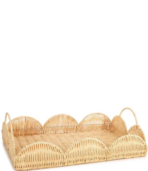 Spring Collection Scalloped Rattan Decorative Tray | Dillard's College Girl Apartment, Sorority Room, Girls Apartment, Sorority House, College Bedroom, Wicker Table, College Room, Wicker Decor, Neutral Decor